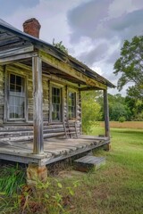 Poster - A rustic log cabin in a picturesque field, ideal for rural and nature-themed designs