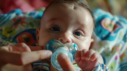 Wall Mural - A cute baby with a pacifier in its mouth. Suitable for baby-related designs