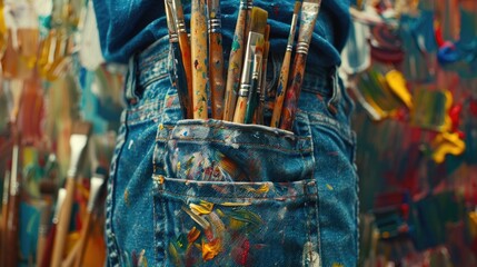 Aufkleber - Person holding a bunch of paint brushes in their pocket. Suitable for art and creativity concepts