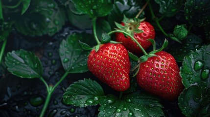 Poster - Fresh strawberries on vibrant green leaves, ideal for food and nature concepts
