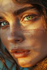 Poster - A close up of a woman with freckles on her face. Suitable for beauty and skincare concepts