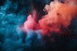 Explosive cloud of red and blue powder against a dark backdrop.