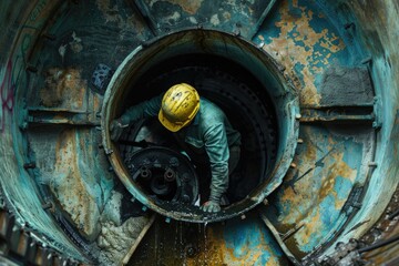 Poster - A man wearing a yellow hard hat inside a pipe. Suitable for construction and industrial concepts
