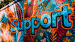 The word 'Support' is written in bold font on a bright blue background in the image.