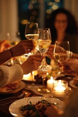 Aufkleber - People toasting glasses of wine at a dinner table. Ideal for celebrations and gatherings