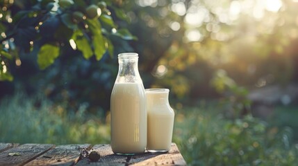 Poster - Fresh dairy milk in bottle and glass, suitable for food and beverage concepts