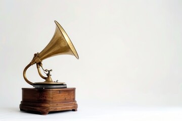Poster - Antique gramophone on a wooden stand, perfect for retro music concepts