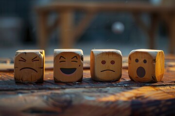 Poster - Row of wooden blocks with faces drawn on them. Suitable for educational and creative projects