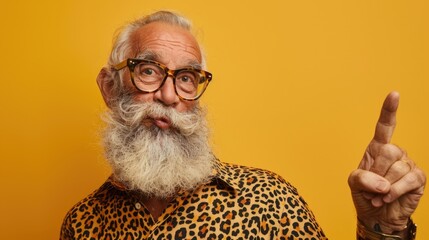 Poster - A man with a long beard and glasses pointing at something. Ideal for business presentations