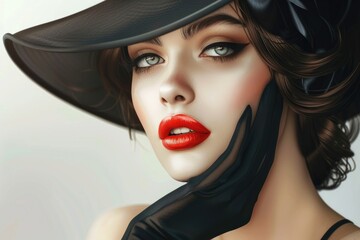 A stylish woman wearing a black hat and bold red lipstick, perfect for fashion or beauty concepts