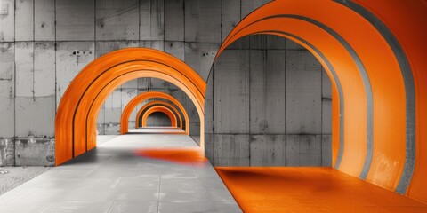 Aufkleber - An orange tunnel with arches in a concrete building. Suitable for urban and industrial themes