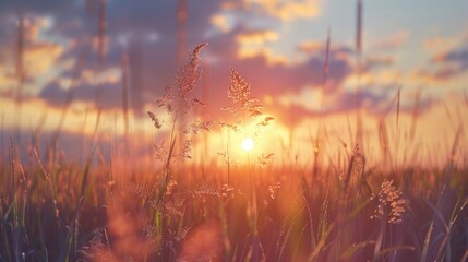 Aufkleber - Beautiful sunset over a peaceful grassy field, ideal for nature or relaxation concepts