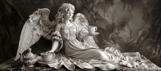 Poster - A serene angel statue resting on a table, suitable for various themes