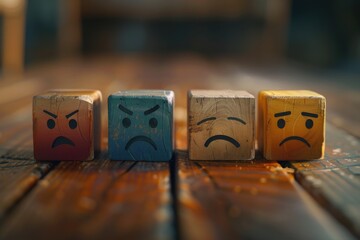 Poster - Row of wooden blocks with faces drawn on them, suitable for educational concepts