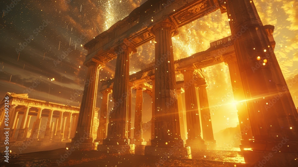 A magical digital illustration of ancient Greek ruins under a starry ...