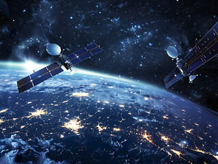 Poster - Satellite Arrays Orbiting in Abstract Background - Futuristic Space Technology Concept