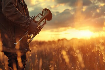 Poster - A man standing in a field holding a trumpet. Suitable for music and outdoor themes
