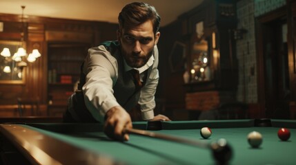 Poster - A man in a vest leaning over a pool table. Suitable for sports and leisure concepts