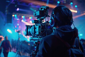 Leinwandbilder - A man holding a video camera in front of a crowd. Suitable for various media projects