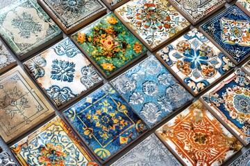 Poster - Colorful tiles displayed on a table, perfect for interior design projects