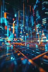 Poster - A futuristic city at night with vibrant lights. Ideal for technology and urban themed projects