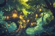 Whimsical Treehouse Village in a Magical Forest, Enchanting Fairy Tale Scene, Children's Book Style Digital Painting