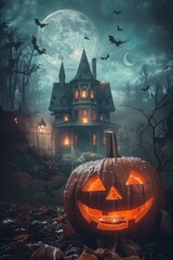 Wall Mural - Spooky Halloween pumpkin in front of a house, perfect for Halloween-themed designs