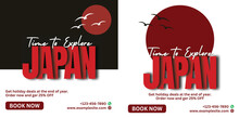 Travel Business Promotion Web Banner Template Design For Social Media. Travelling, Tourism Or Summer Holiday Tour Online Marketing Flyer, Post Or Poster With Abstract Graphic, Travel Japan
