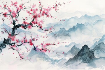 A beautiful painting of a tree with pink flowers. Ideal for home decor or nature-themed designs