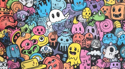 Poster - A variety of cartoon characters on a black backdrop. Suitable for various design projects