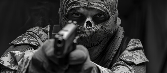 Poster - A man in camouflage holding a gun, suitable for military or hunting themes
