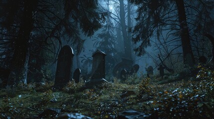 Poster - A spooky cemetery in the dark forest. Suitable for Halloween themes