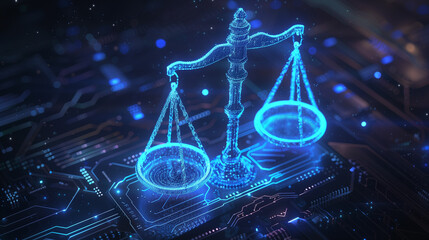 Digital Representation of Justice Scales on a Circuit Board Background