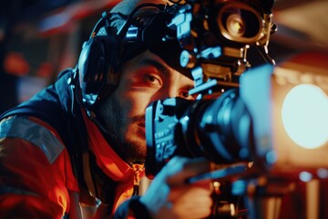 Poster - A man wearing headphones holding a camera. Suitable for technology blogs or music websites