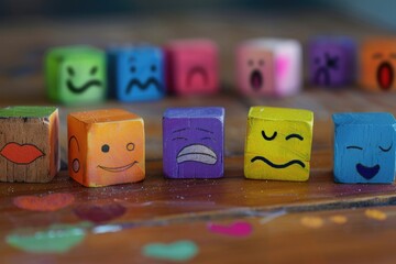 Poster - Row of wooden blocks with painted faces, suitable for educational and creative concepts