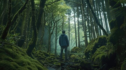 Poster - A man standing in the middle of a forest. Suitable for nature and outdoor themes