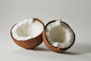 Two halves of a coconut on a white surface, suitable for tropical themes