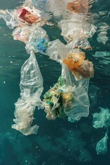 Poster - Plastic bags floating in water, environmental pollution concept. Suitable for articles on pollution and waste management