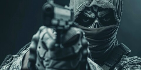 Poster - A man wearing a mask holding a gun. Suitable for crime and security concepts