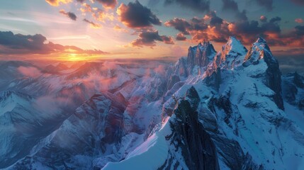 Poster - A scenic view of the sun setting over snowy mountains, perfect for nature and landscape themes