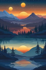 Poster - Beautiful sunset over mountains reflecting in a calm lake. Suitable for travel or nature themes