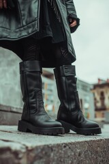 Poster - A person wearing black boots standing on a step. Suitable for various concepts and themes