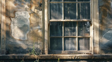 Fototapete - An old window with peeling paint on the side of a building. Suitable for architectural and urban themes