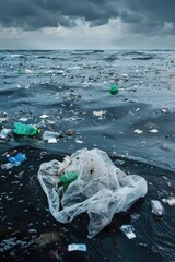 Poster - Plastic bag floating on the surface of a body of water. Suitable for environmental awareness campaigns