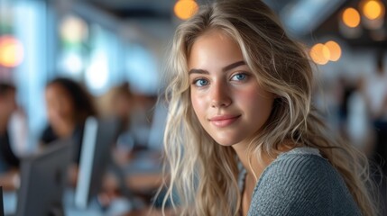 Portrait of a beautiful young woman with blonde hair and blue eyes