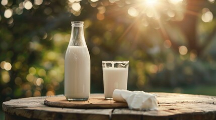 Poster - A bottle of milk and a glass of milk on a table. Suitable for food and beverage concepts