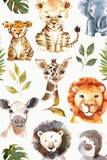 Fototapeta Pokój dzieciecy - A delightful watercolor menagerie of cute zoo animals, arrayed on white background