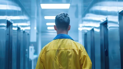 Poster - A man in a yellow jacket standing in a hallway. Suitable for various indoor concepts