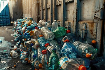 Poster - Pile of empty plastic bottles near a building, suitable for environmental concept