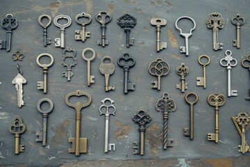 Poster - A bunch of old keys on a table, suitable for various themes